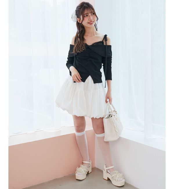  「肩リボンレースドッキングトップス」|Tシャツ・カットソー|
