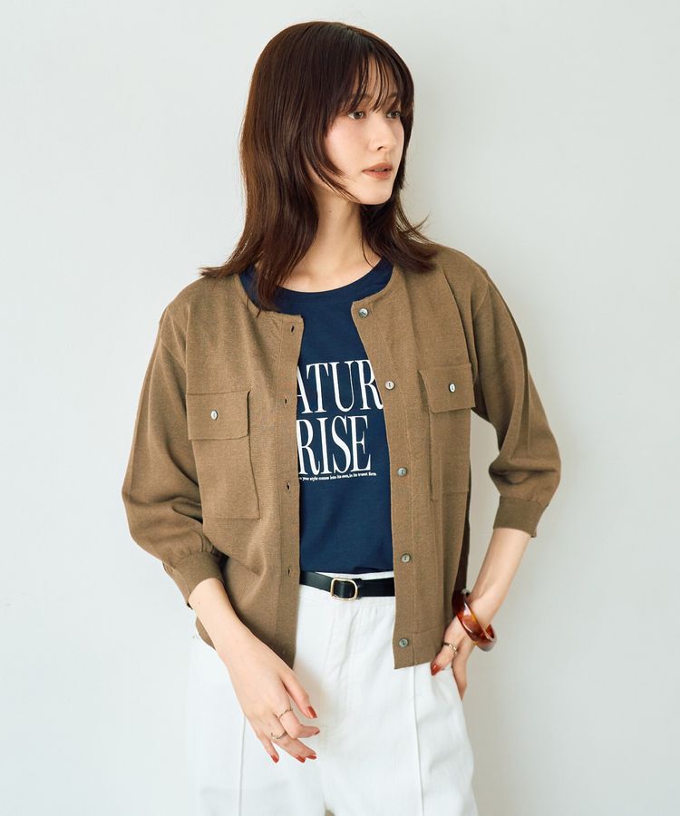 YECCA VECCA「ノーカラー7分袖ポケットカーディガン」|カーディガン|Dark beige