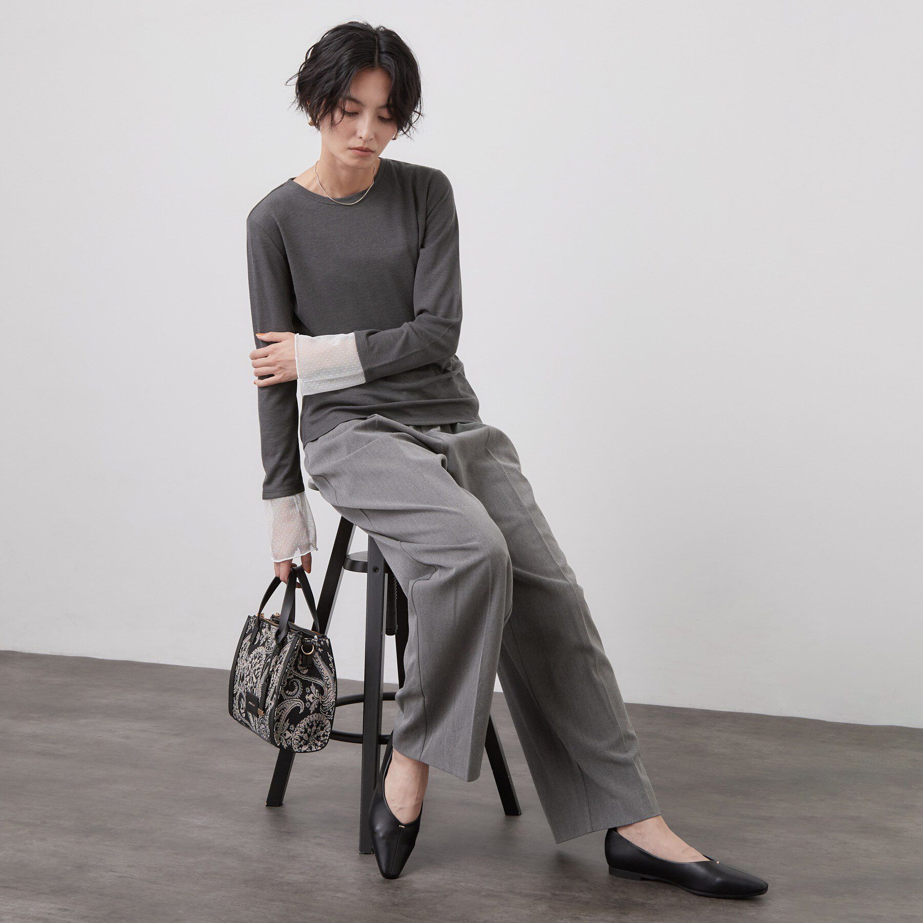 OPAQUE.CLIP「袖口レース＆ドットチュールドッキングトップス【洗濯機OK】」|Tシャツ・カットソー|