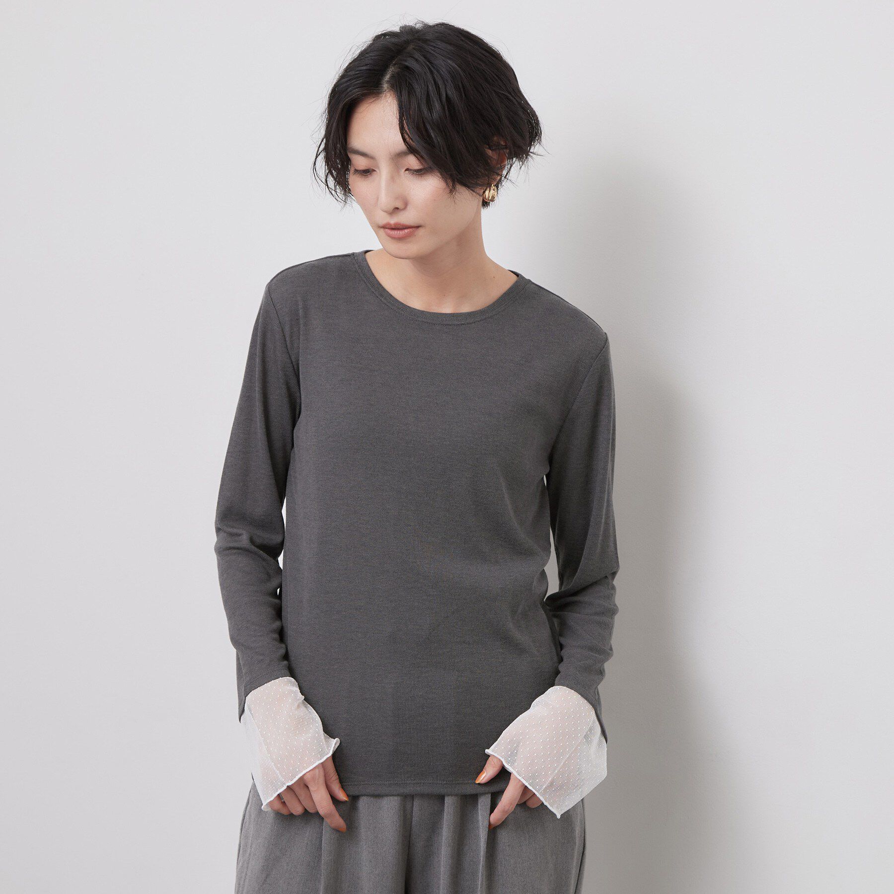 OPAQUE.CLIP「袖口レース＆ドットチュールドッキングトップス【洗濯機OK】」|Tシャツ・カットソー|