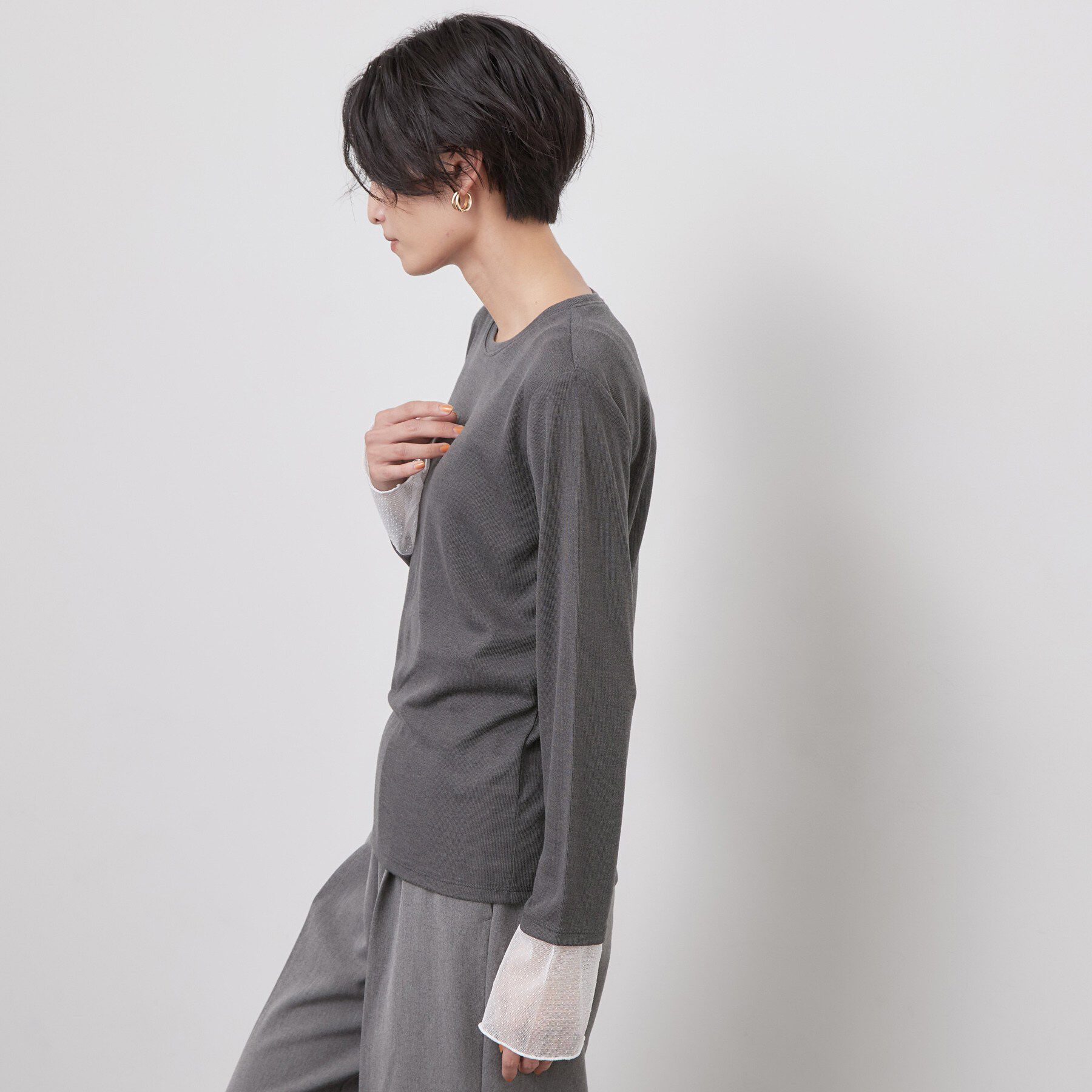 OPAQUE.CLIP「袖口レース＆ドットチュールドッキングトップス【洗濯機OK】」|Tシャツ・カットソー|