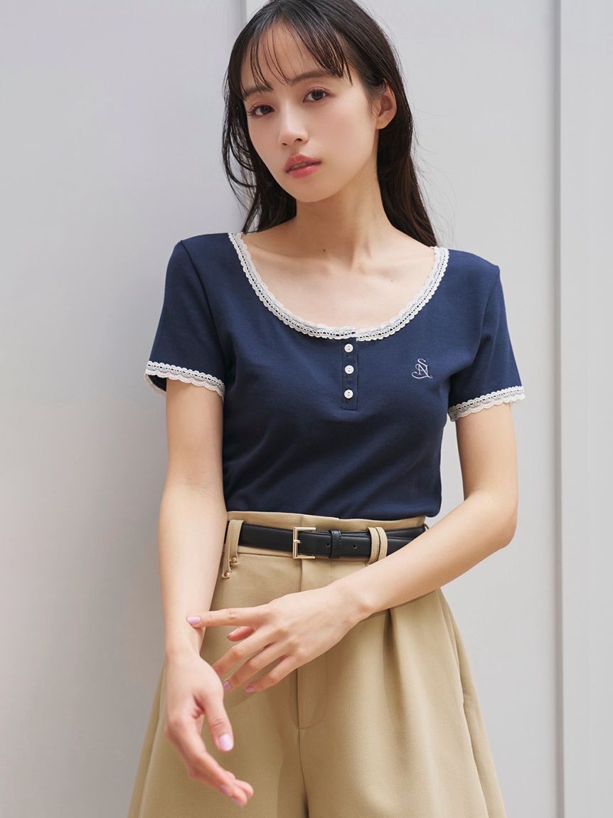 SNIDEL「【WEB限定カラーあり】レースデザインヘンリーネックTシャツ」|Tシャツ・カットソー|