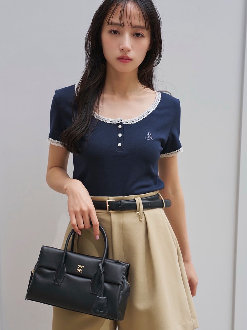 SNIDEL「【WEB限定カラーあり】レースデザインヘンリーネックTシャツ」|Tシャツ・カットソー|