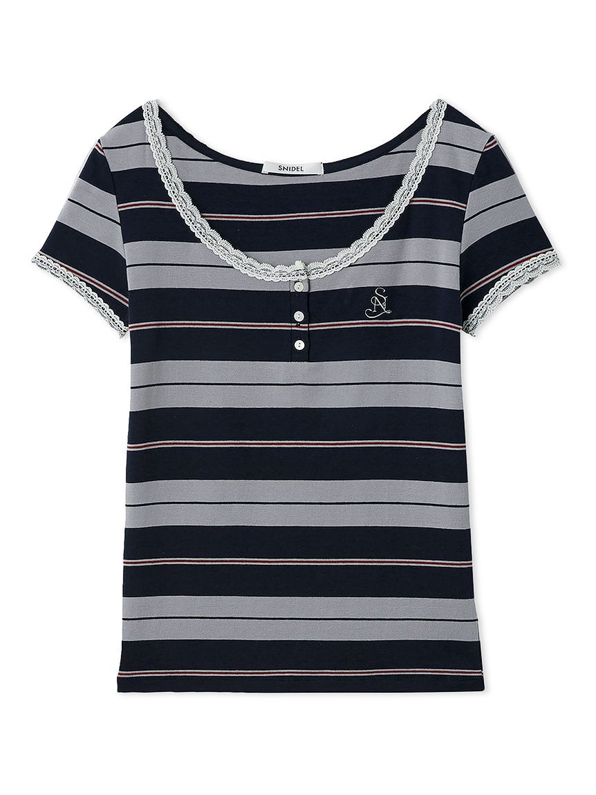SNIDEL「【WEB限定カラーあり】レースデザインヘンリーネックTシャツ」|Tシャツ・カットソー|