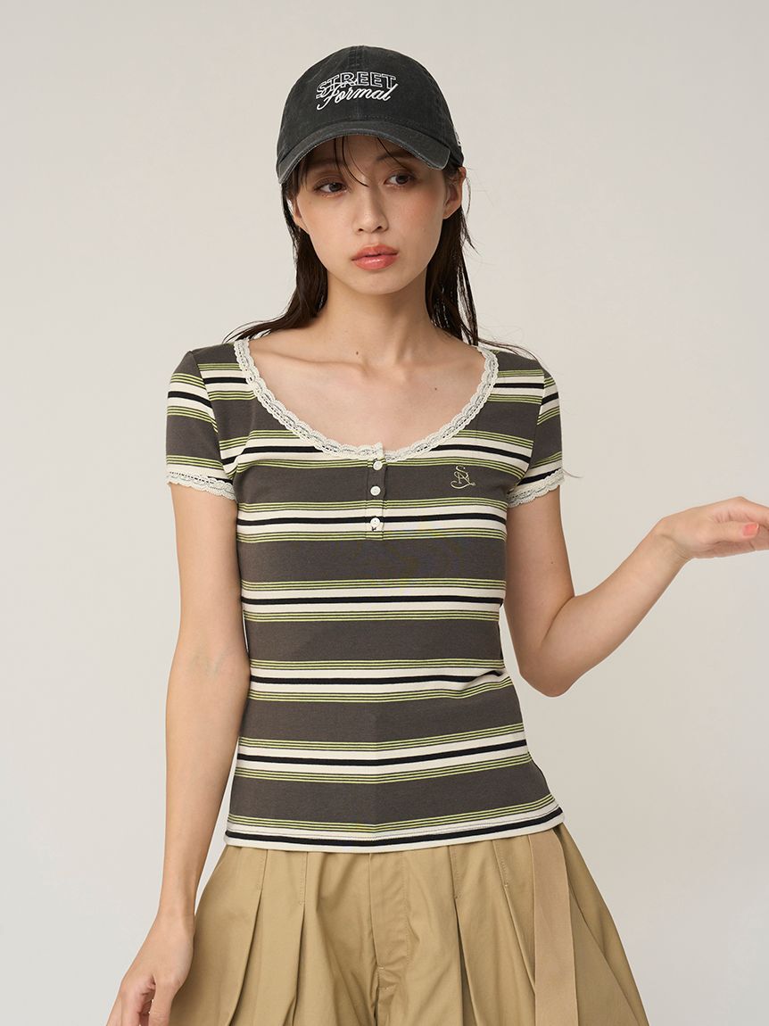 SNIDEL「【WEB限定カラーあり】レースデザインヘンリーネックTシャツ」|Tシャツ・カットソー|KKI