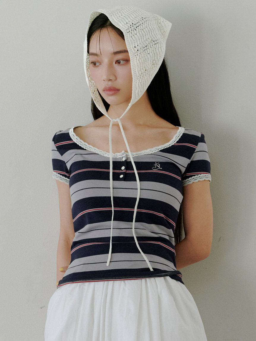 SNIDEL「【WEB限定カラーあり】レースデザインヘンリーネックTシャツ」|Tシャツ・カットソー|NVY