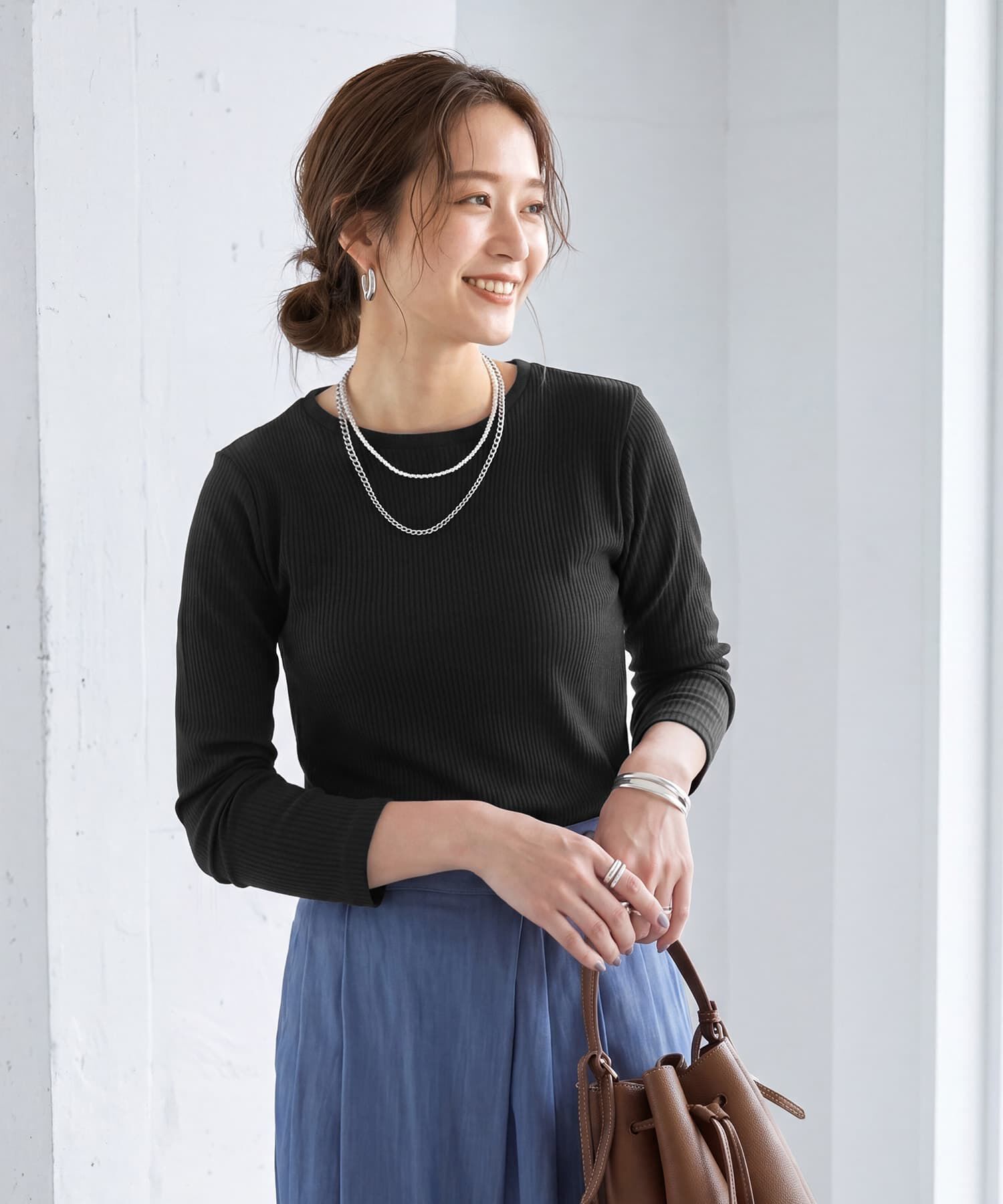 STYLE DELI「中太リブBASIC長袖カットソートップス」|Tシャツ・カットソー|ブラック