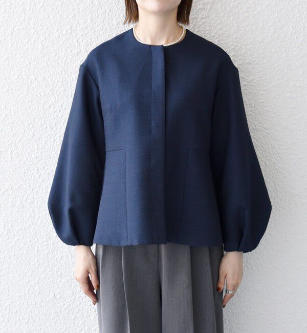 SHIPS any「SHIPS any:〈手洗い可能〉パフ スリーブ ノーカラー ジャケット［NAVY BLUE］」|ノーカラージャケット|