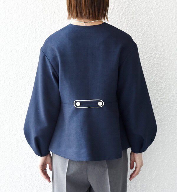 SHIPS any「SHIPS any:〈手洗い可能〉パフ スリーブ ノーカラー ジャケット［NAVY BLUE］」|ノーカラージャケット|