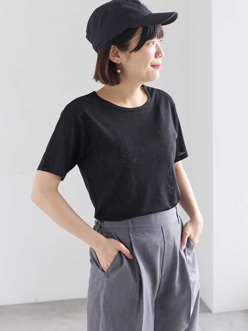 Samansa Mos2「シアー半袖カットソー」|Tシャツ・カットソー|ブラック