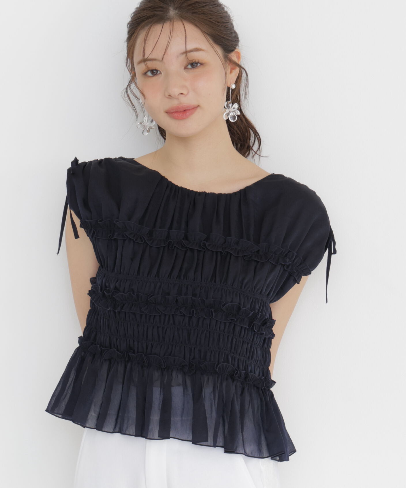PROPORTION BODY DRESSING「〈a/mie〉シャーリングフリルブラウス＜ブルー：WEB限定＞」|シャツ・ブラウス|ネイビー