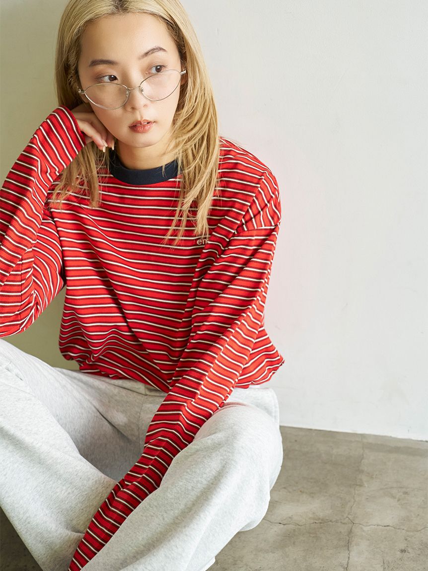 emmi atelier「emmiロゴクロップドボーダーカットソー」|Tシャツ・カットソー|RED