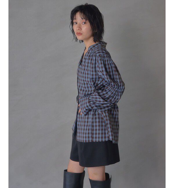 EMMEL REFINES「＜EMMEL REFINES＞EM ソデギャザー キーネック チェックシャツ」|シャツ・ブラウス|