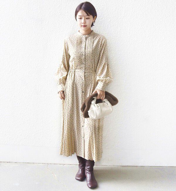 SHIPS for women「〈手洗い可能〉ドット / 花柄 バンドカラー サイド プリーツ ワンピース」|ワンピース|