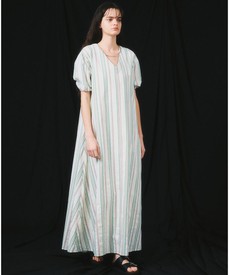 GARAGE OF GOOD CLOTHING「Vネック袖ボリュームワンピース」|ワンピース|ストライプグリーン