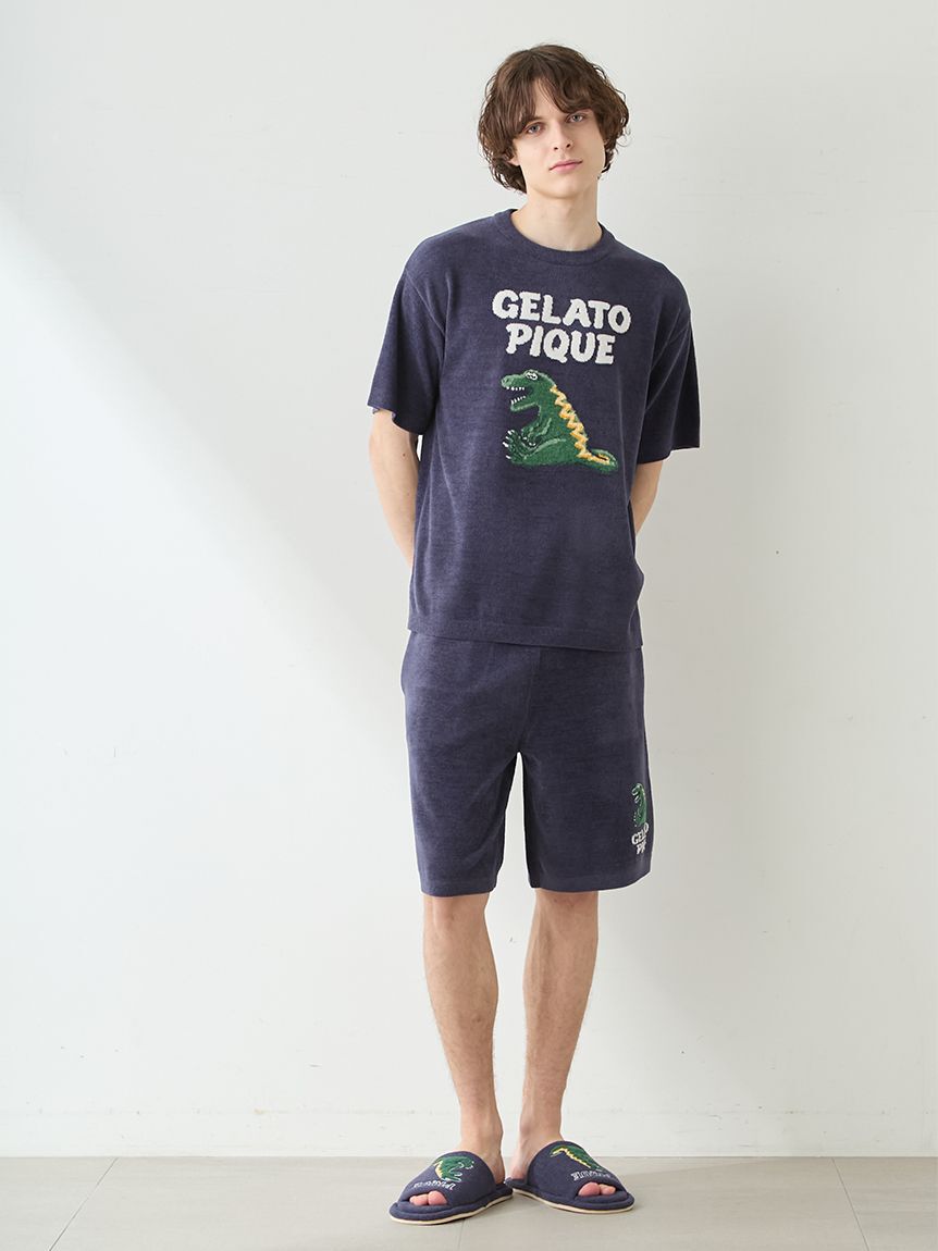 GELATO PIQUE HOMME「【ONLINE限定】【HOMME】エアリーモコスリーピングダイナソージャガードプルオーバー&ハーフパンツセット」|ルームウェア|