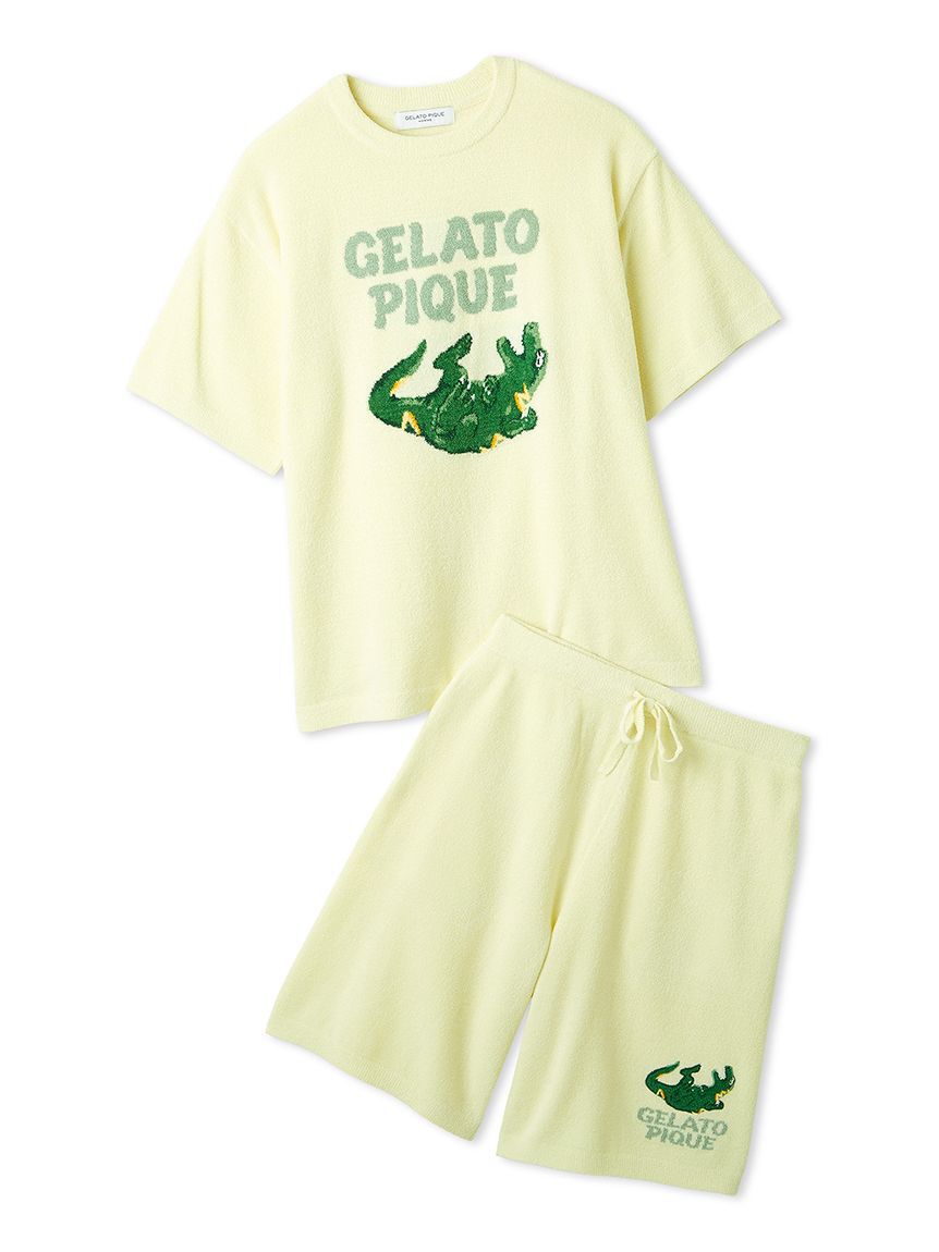 GELATO PIQUE HOMME「【ONLINE限定】【HOMME】エアリーモコスリーピングダイナソージャガードプルオーバー&ハーフパンツセット」|ルームウェア|LIME