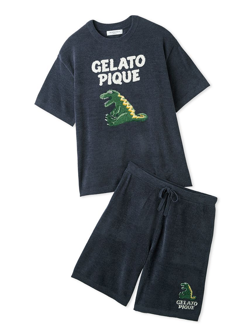 GELATO PIQUE HOMME「【ONLINE限定】【HOMME】エアリーモコスリーピングダイナソージャガードプルオーバー&ハーフパンツセット」|ルームウェア|NVY