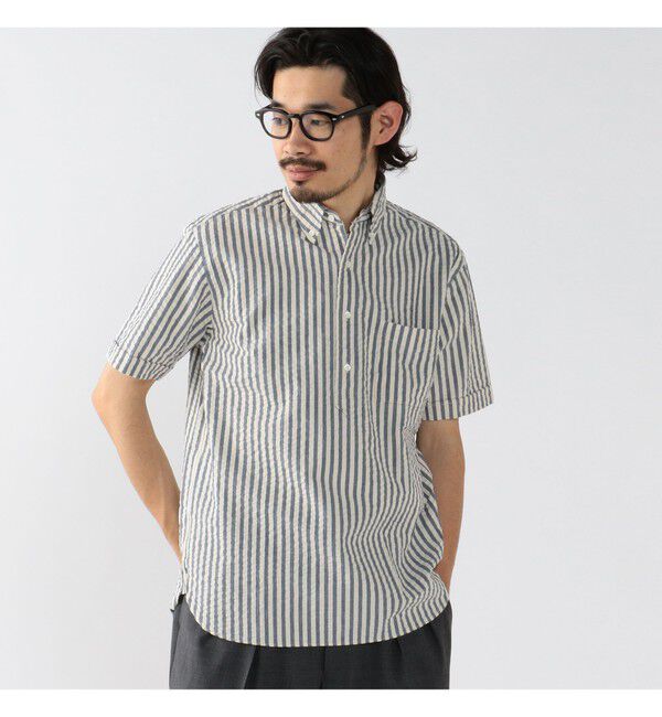 BEAMS PLUS「BEAMS PLUS / インディゴ シアサッカー ブルオーバー ショートスリーブ ボタンダウン シャツ」|シャツ・ブラウス|