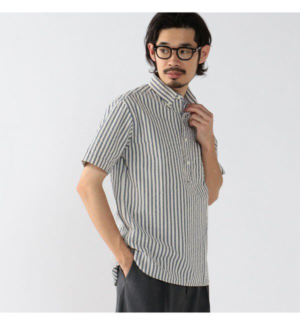 BEAMS PLUS「BEAMS PLUS / インディゴ シアサッカー ブルオーバー ショートスリーブ ボタンダウン シャツ」|シャツ・ブラウス|