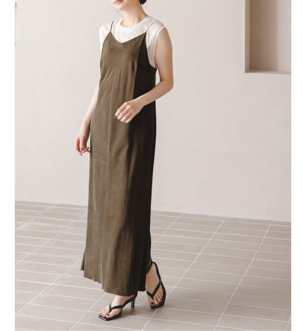 NOBLE「《追加・新色》【洗える】ワイドVネックフィブリルキャミワンピース」|ワンピース|カーキ