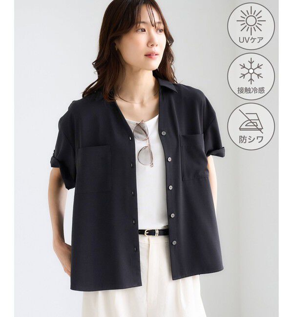 Rope&rsquo;Picnic「【ちゃんと+かわいい保証】カットジョーゼット スキッパー ブラウス UVケア 接触冷感 防シワ」|シャツ・ブラウス|ブラック(01)
