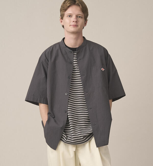DANTON「DANTON | コットンリネンブロード バンドカラー半袖シャツ MEN」|シャツ・ブラウス|CHARCOAL