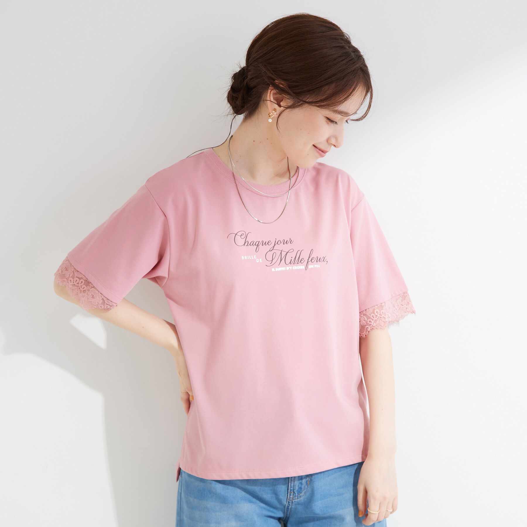 SHOO･LA･RUE「【UV/S-LL/洗濯機可】柄アソート お袖レースが旬顔 上品に決まる大人Tシャツ」|Tシャツ・カットソー|