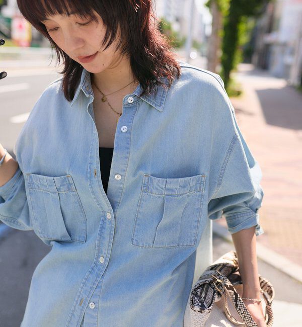  「【A・MONN】【手洗い可能】ライトタックデニムシャツ」|シャツ・ブラウス|サックスブルー