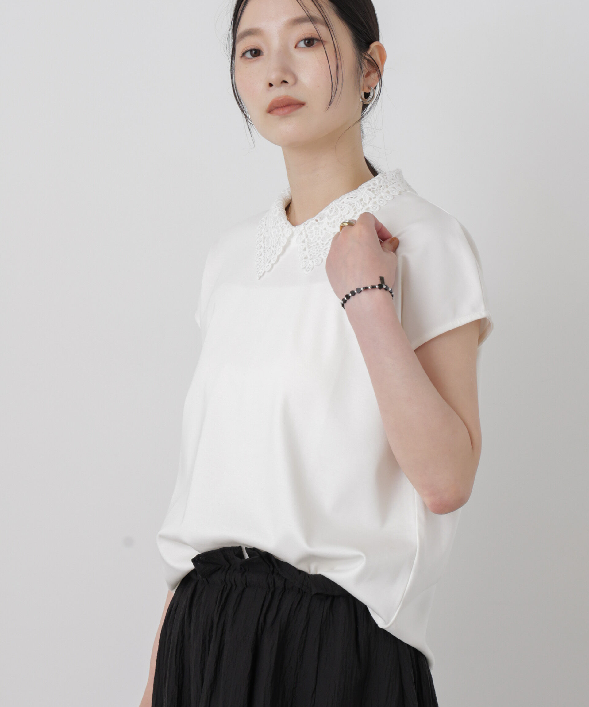 NANO universe「レース衿取り外しノースリーブカットトップス」|Tシャツ・カットソー|