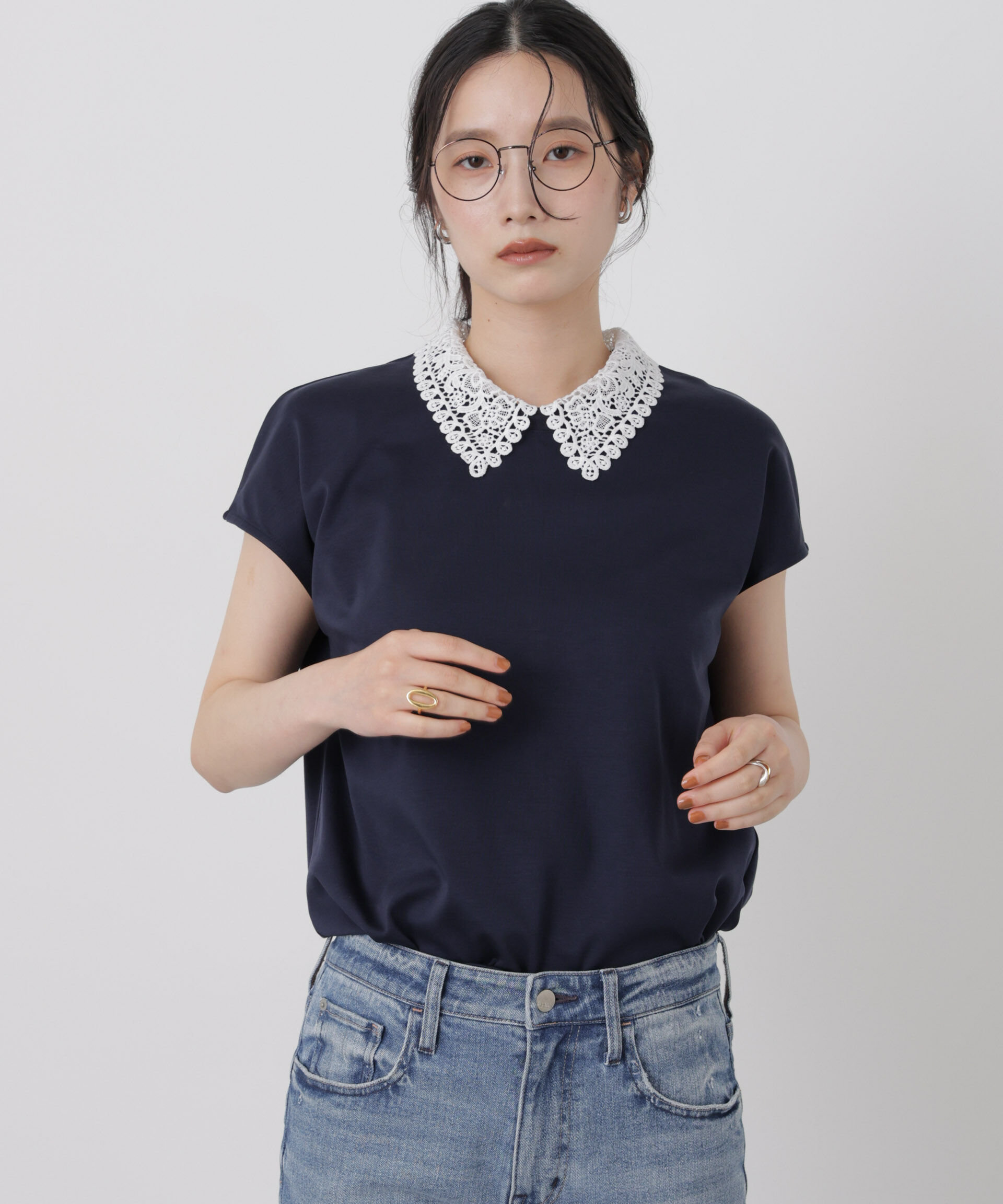 NANO universe「レース衿取り外しノースリーブカットトップス」|Tシャツ・カットソー|