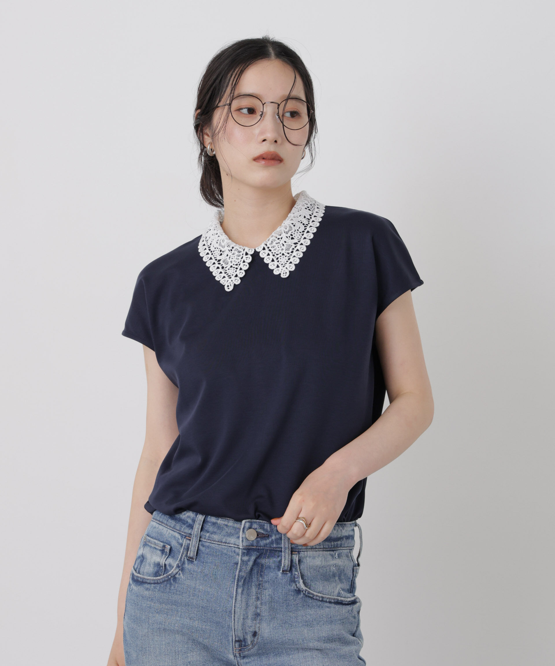 NANO universe「レース衿取り外しノースリーブカットトップス」|Tシャツ・カットソー|