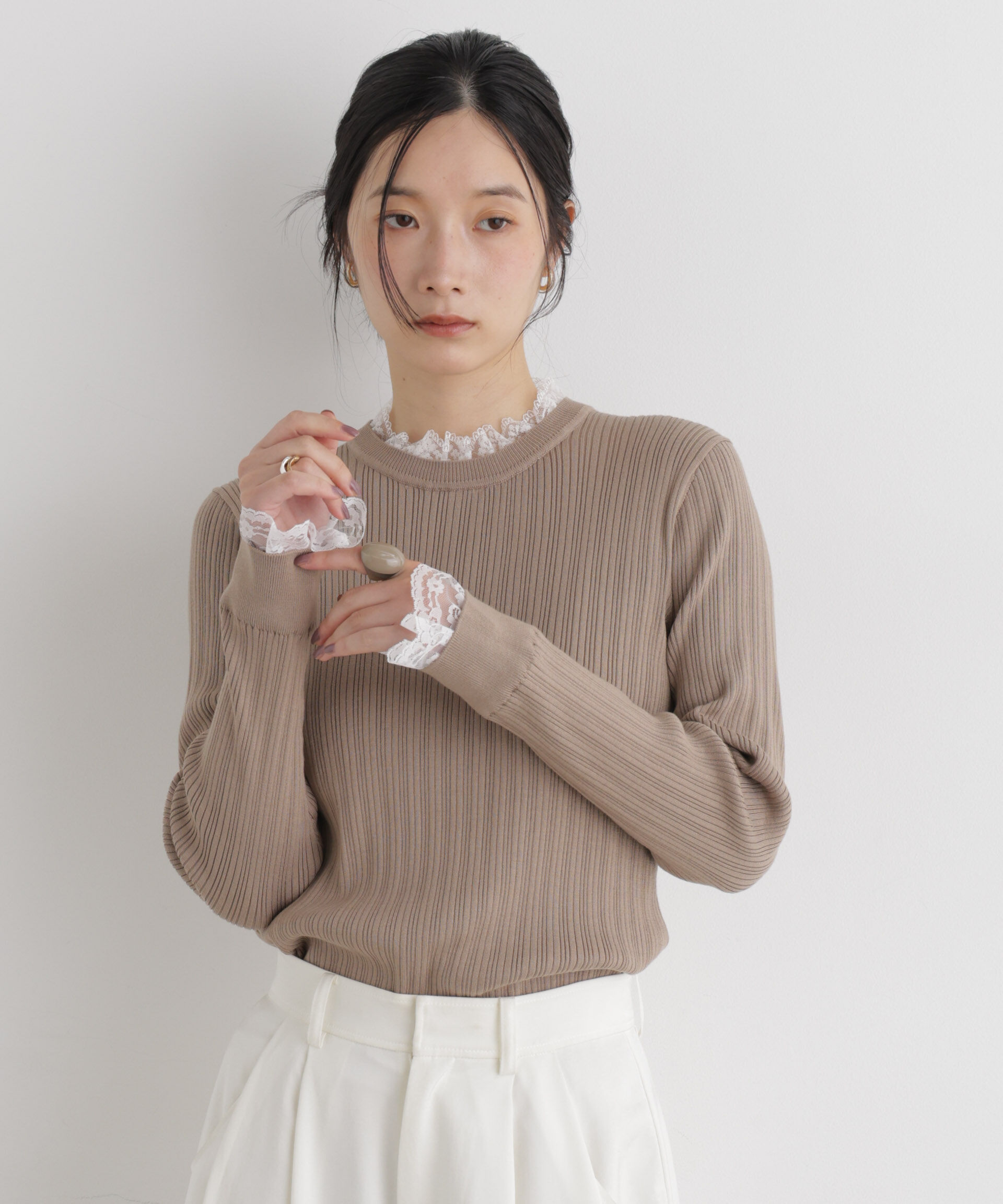 NANO universe「CICA&UVカット加工レースフリル付きリブニット」|ニット・セーター|