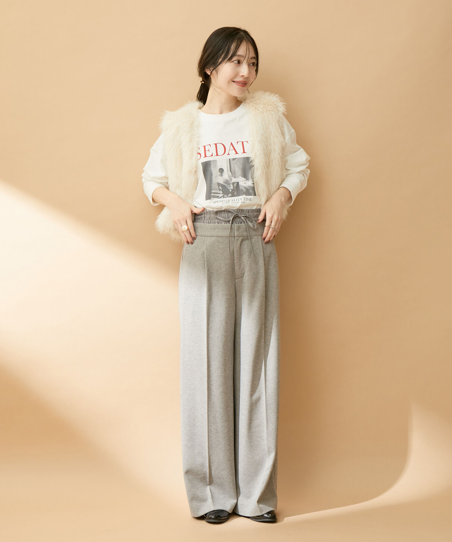 VIS「【洗える】ダブルウエストワイドパンツ」|スラックス|