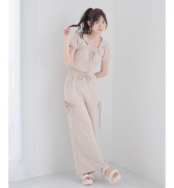  「スリット入りキラキラスウェットパンツ」|その他|ピンクベージュ