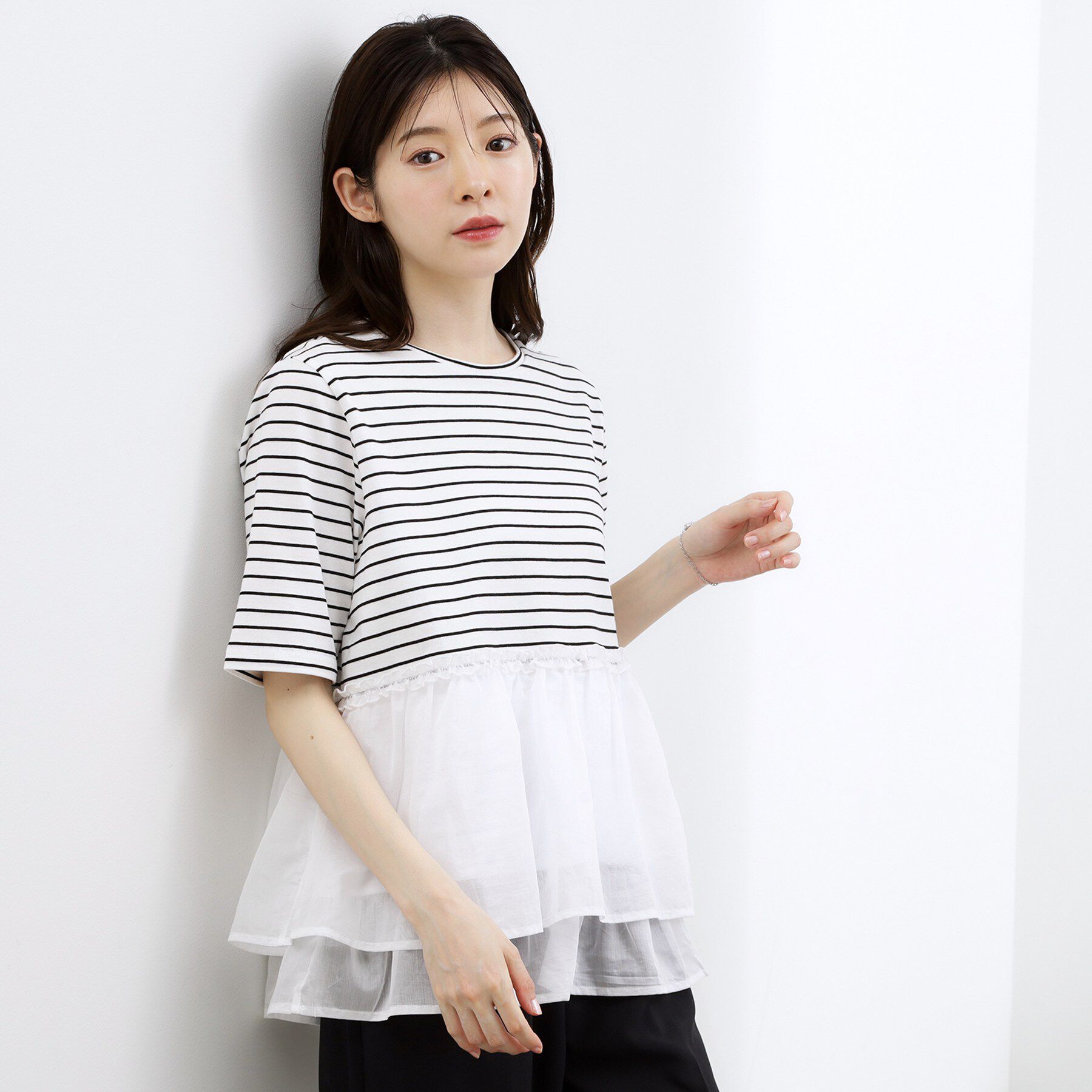 grove「【体型カバー】INせず決まる、ウエストシアーフリルTシャツ」|Tシャツ・カットソー|ボーダー(303)