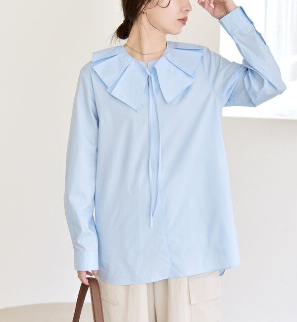 quaranciel「quaranciel:〈洗濯機可能〉タックカラー 2way キーネック シャツ ブラウス」|シャツ・ブラウス|ライトブルー