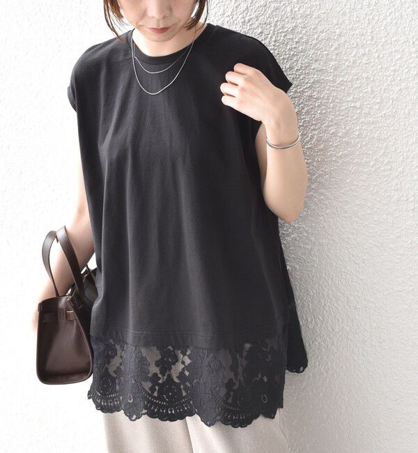 SHIPS Colors 「SHIPS Colors:〈手洗い可能〉レースヘム フレンチスリーブ チュニック」|Tシャツ・カットソー|ブラック