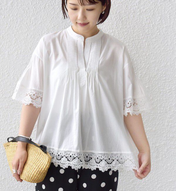 SHIPS for women「〈手洗い可能〉トリム レース ピンタック スキッパー ブラウス」|シャツ・ブラウス|