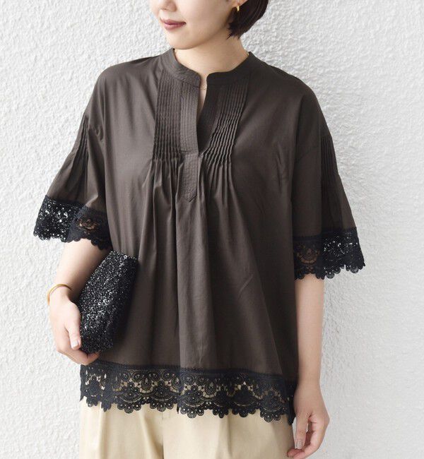 SHIPS for women「〈手洗い可能〉トリム レース ピンタック スキッパー ブラウス」|シャツ・ブラウス|