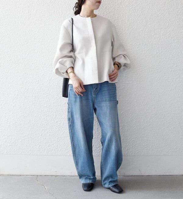 SHIPS any「SHIPS any:〈手洗い可能〉パフ スリーブ ノーカラー ジャケット［NAVY BLUE］」|ノーカラージャケット|