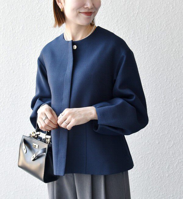 SHIPS any「SHIPS any:〈手洗い可能〉パフ スリーブ ノーカラー ジャケット［NAVY BLUE］」|ノーカラージャケット|