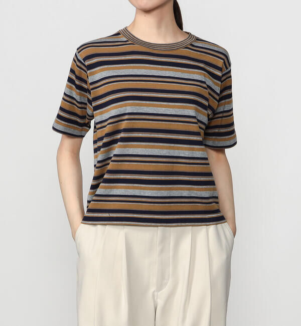  「RYE TENDER |〈別注〉マルチボーダー 半袖クルーネックニット WOMEN」|ニット・セーター|KHAKI系1