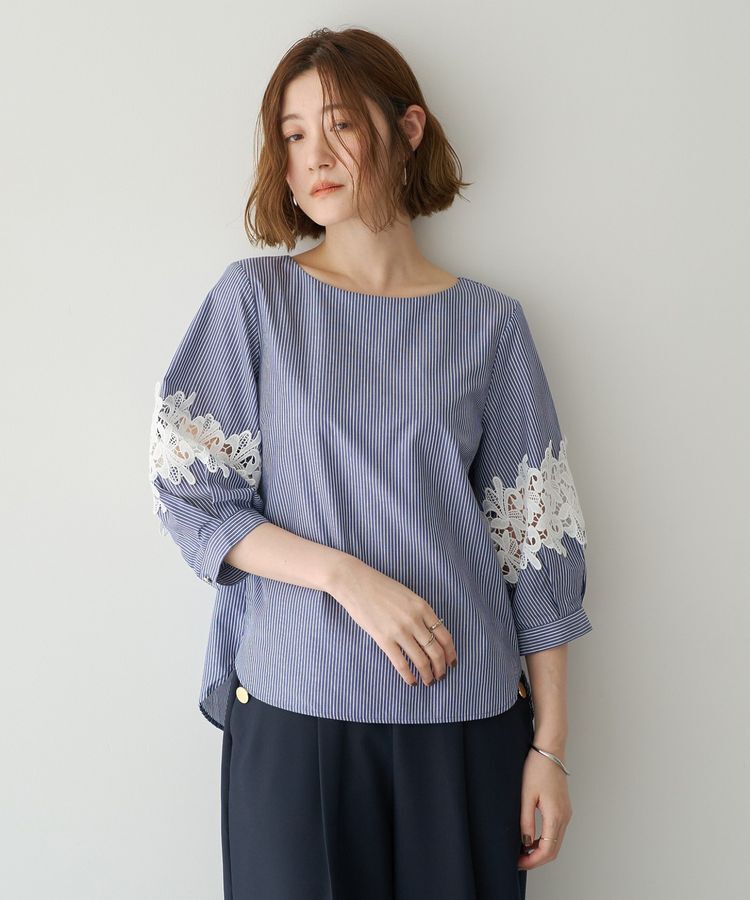 YECCA VECCA「ストライプ柄レース切替ブラウス」|シャツ・ブラウス|Navy