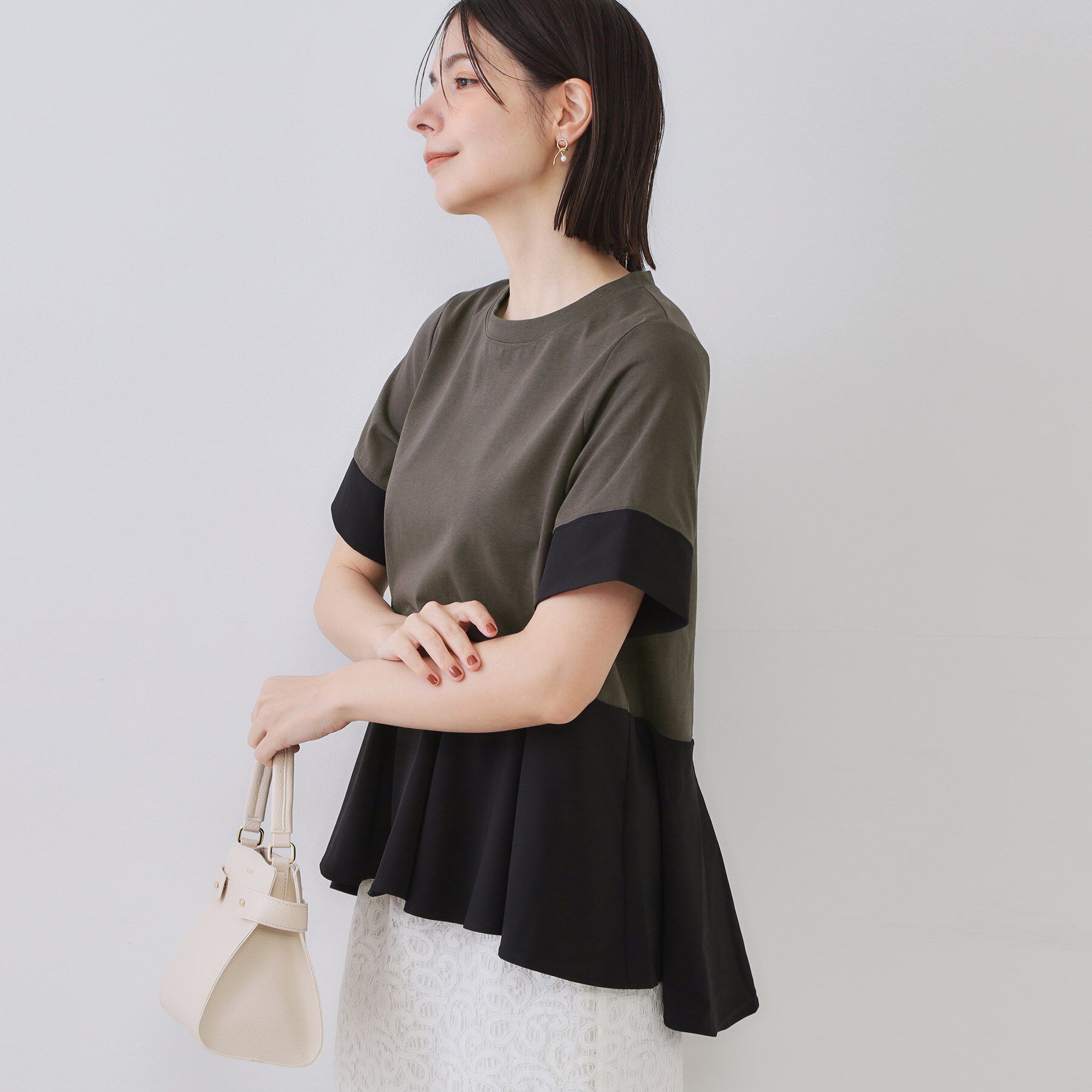 OPAQUE.CLIP「配色フハクドッキングペプラムトップス【洗濯機洗い可／抗ピル】」|Tシャツ・カットソー|