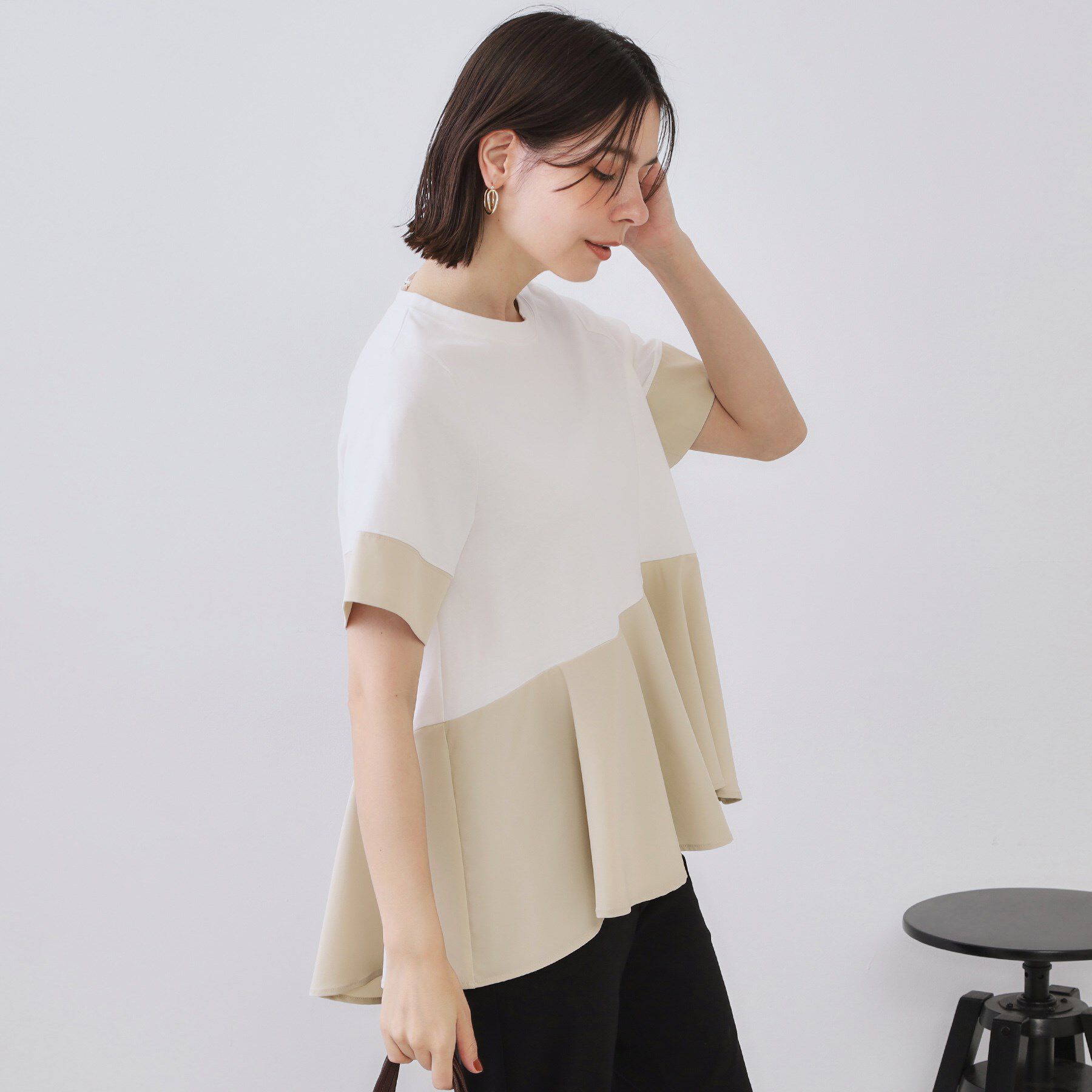 OPAQUE.CLIP「配色フハクドッキングペプラムトップス【洗濯機洗い可／抗ピル】」|Tシャツ・カットソー|