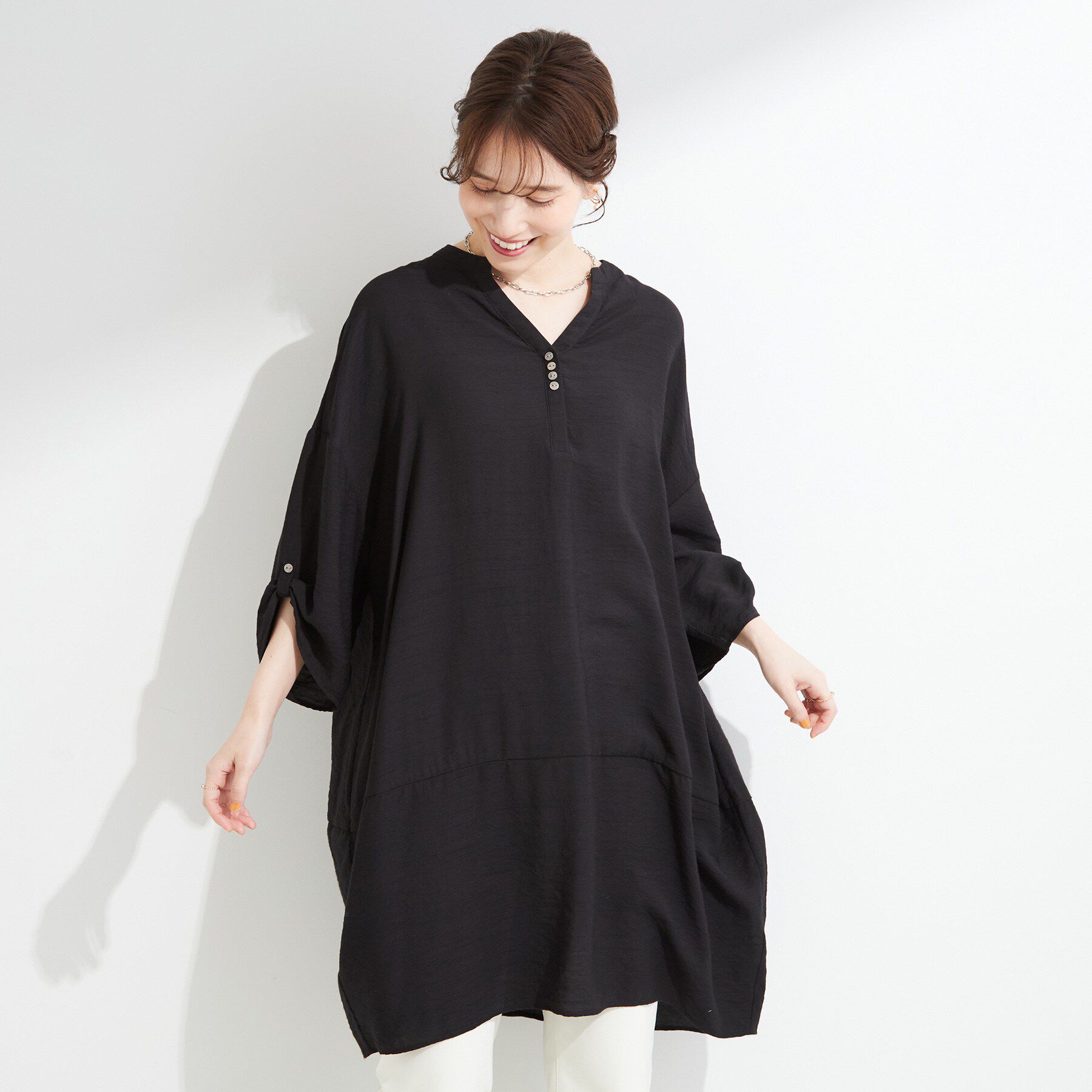 SHOO･LA･RUE「【S-LL/洗濯後しわになりにくい】ゆるっと体型カバー 7分袖コクーンチュニック」|ワンピース|
