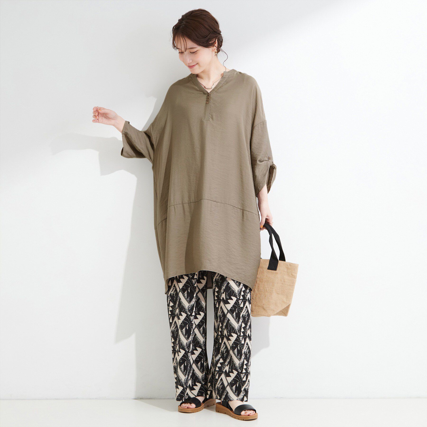 SHOO･LA･RUE「【S-LL/洗濯後しわになりにくい】ゆるっと体型カバー 7分袖コクーンチュニック」|ワンピース|