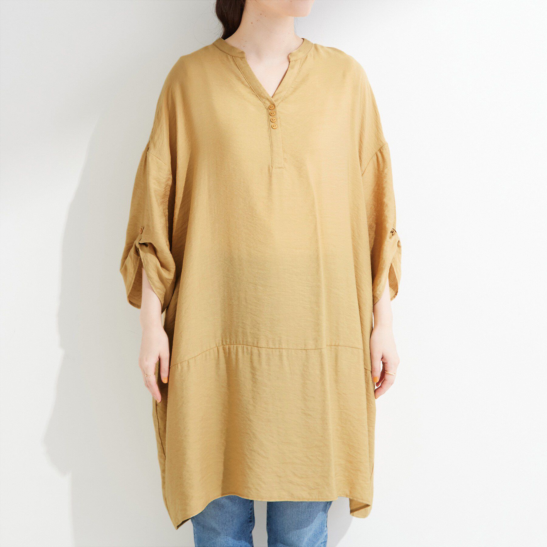 SHOO･LA･RUE「【S-LL/洗濯後しわになりにくい】ゆるっと体型カバー 7分袖コクーンチュニック」|ワンピース|