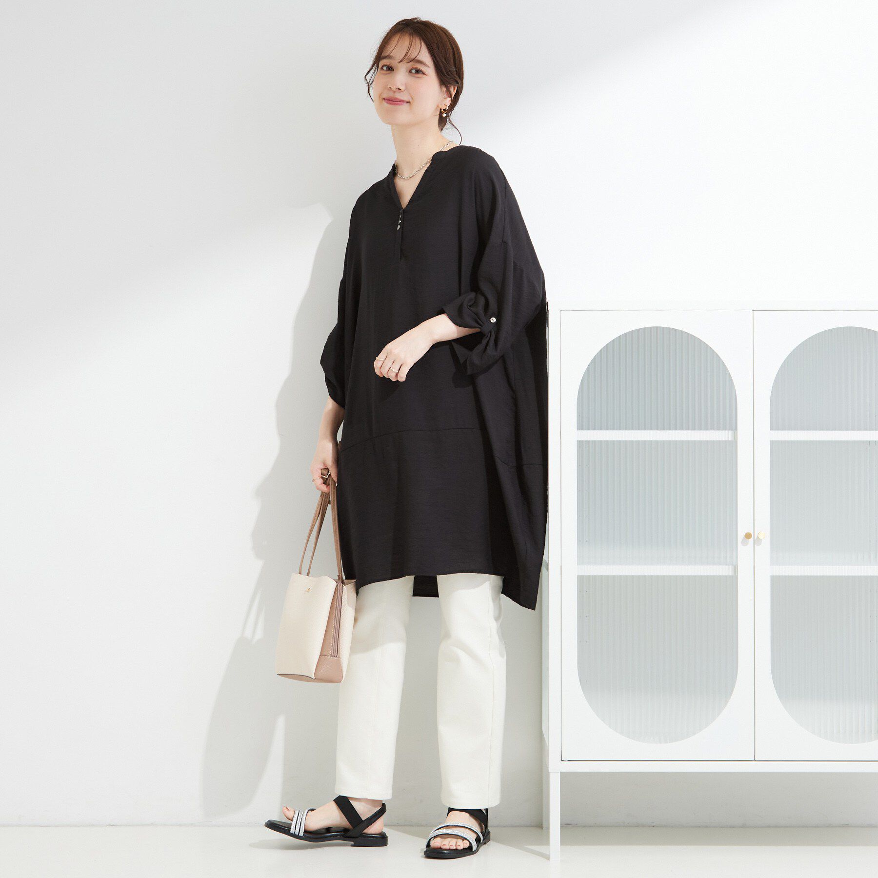 SHOO･LA･RUE「【S-LL/洗濯後しわになりにくい】ゆるっと体型カバー 7分袖コクーンチュニック」|ワンピース|